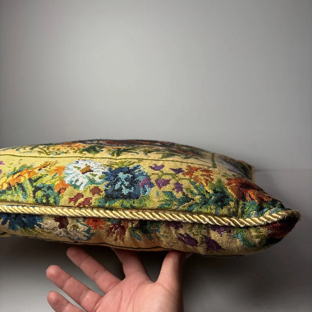 Floral Butterfly/ Dragonfly Tapestry Square Pillow Roped Gold Lining Embroidered